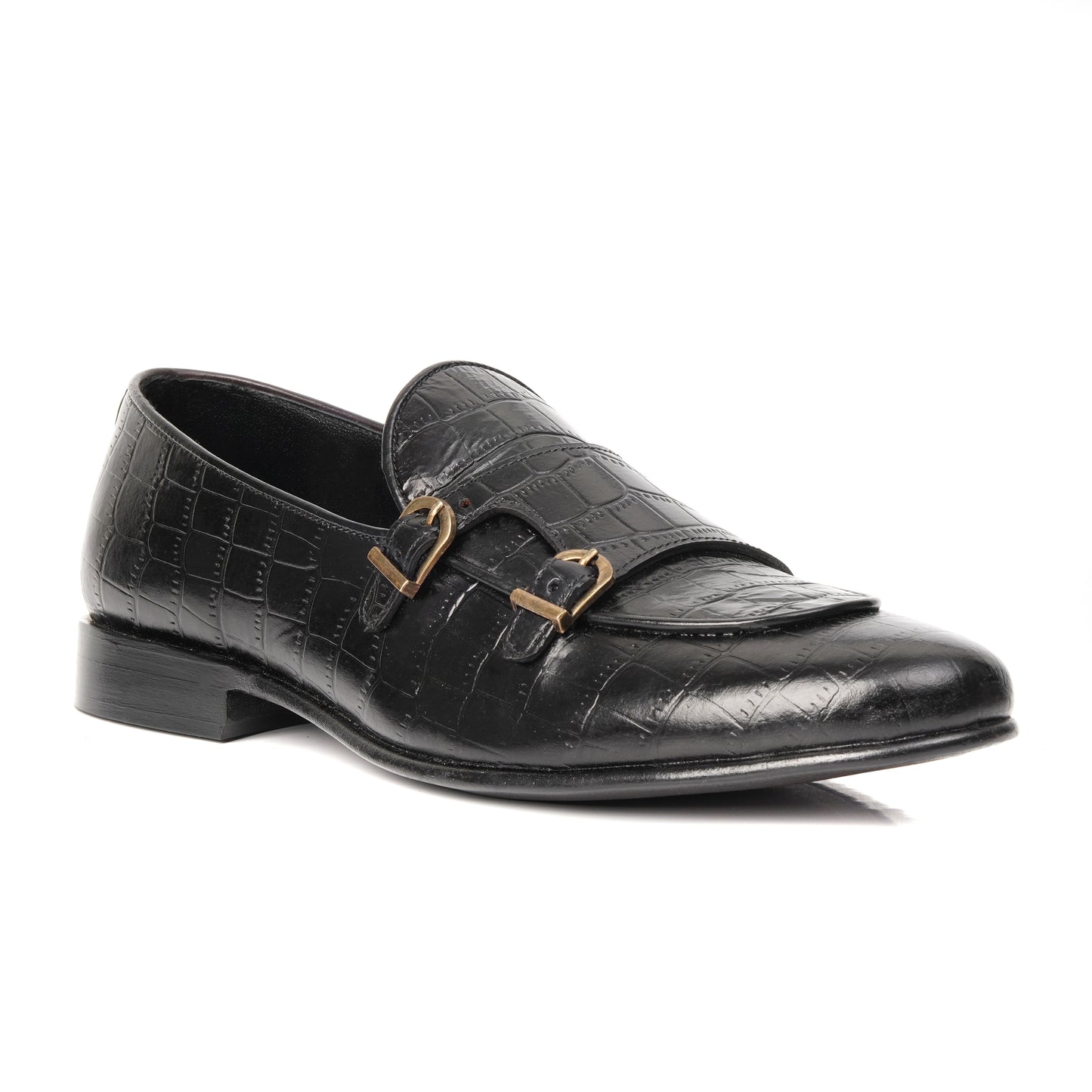CS-02 Double Monk Strap Black Crocodile