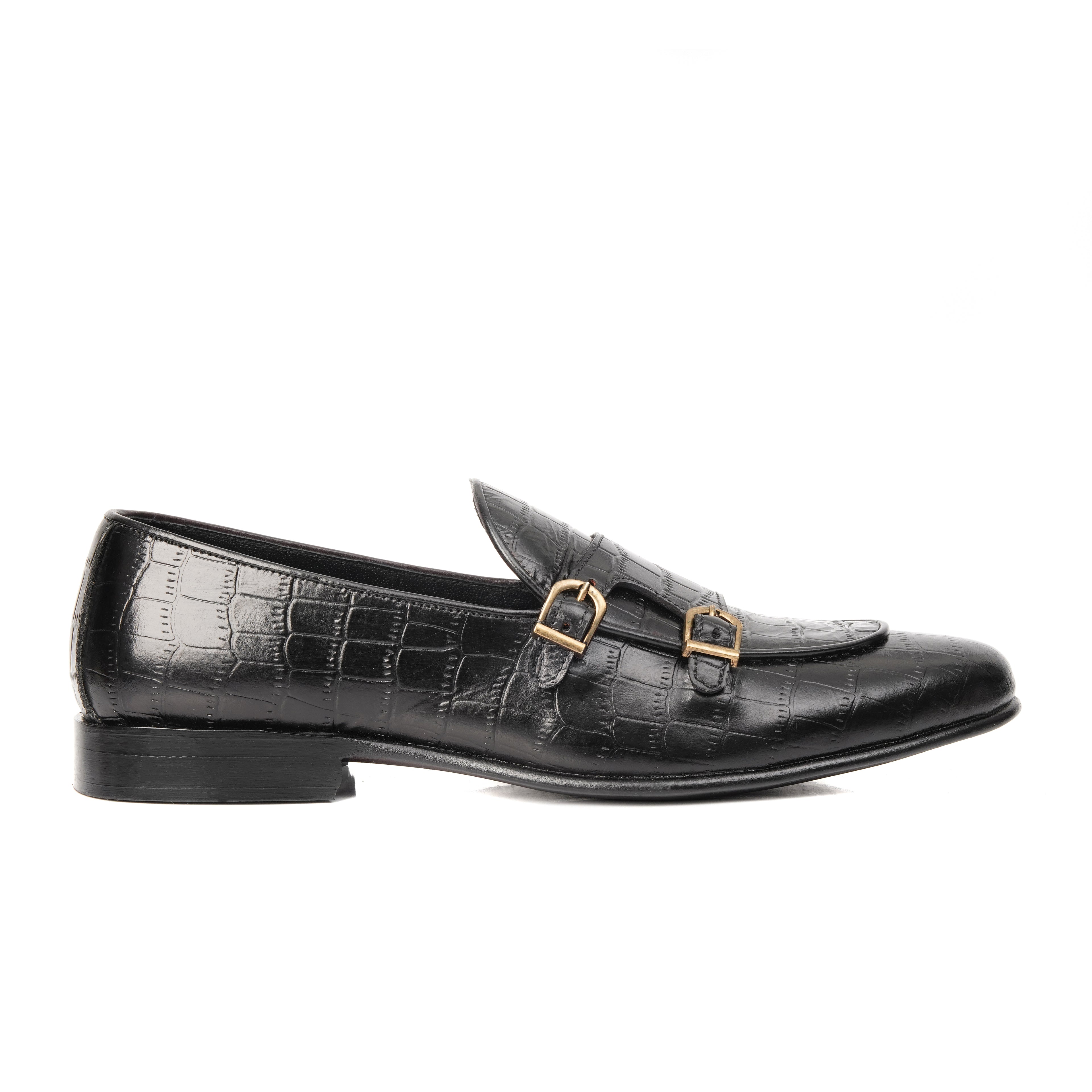 CS-02 Double Monk Strap Black Crocodile