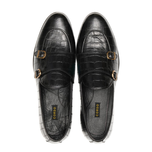 CS-02 Double Monk Strap Black Crocodile