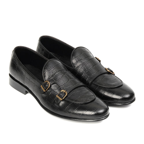 CS-02 Double Monk Strap Black Crocodile