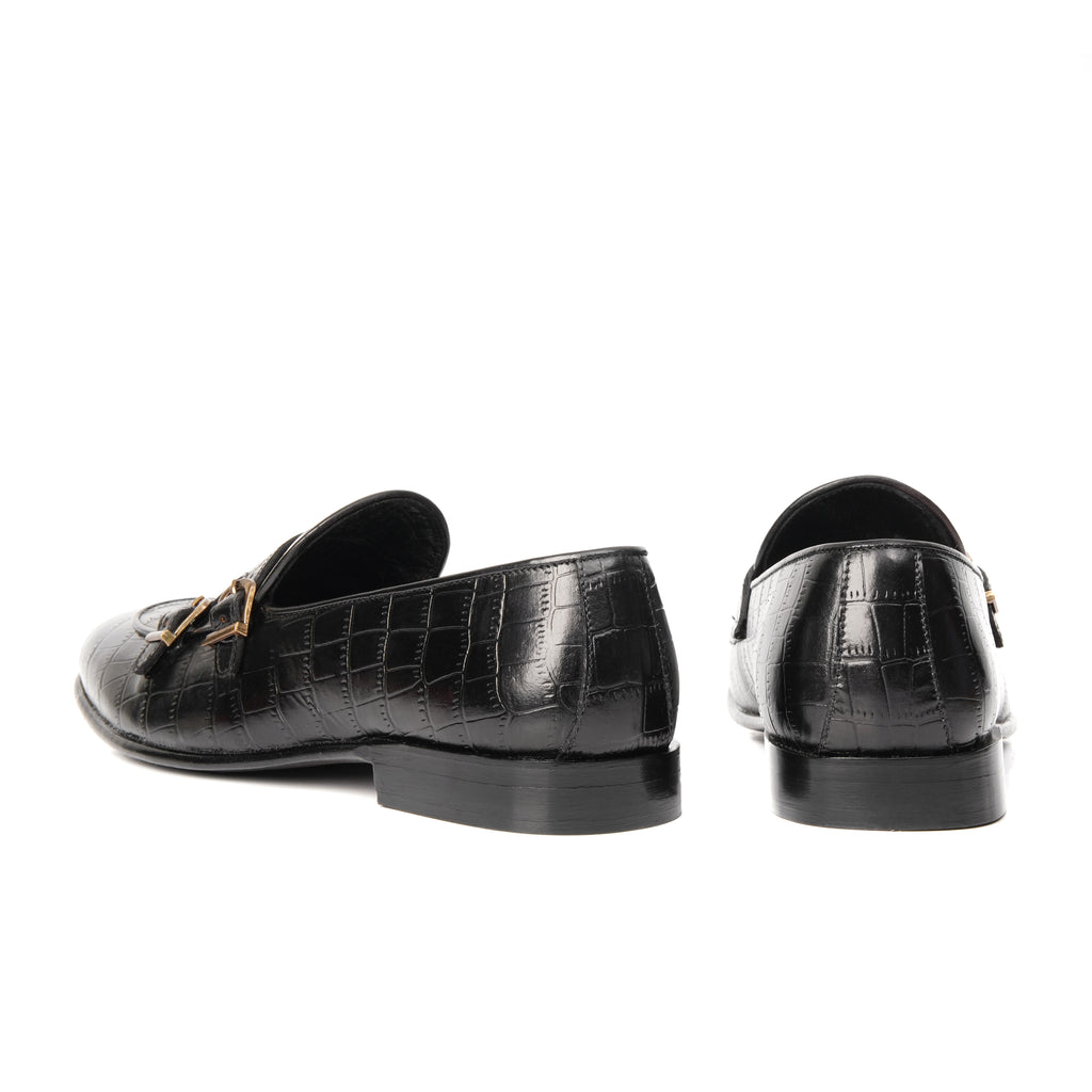 CS-02 Double Monk Strap Black Crocodile