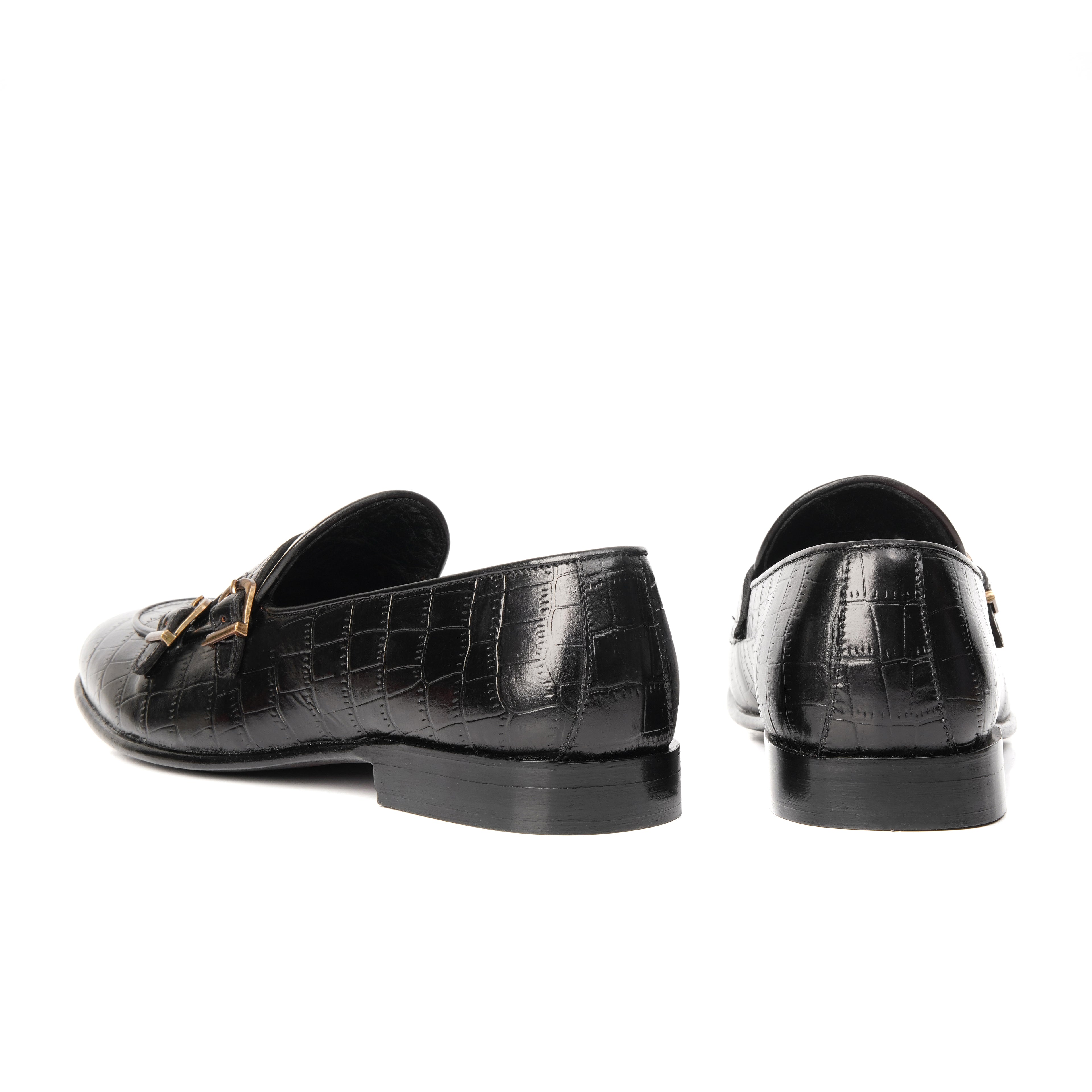CS-02 Double Monk Strap Black Crocodile