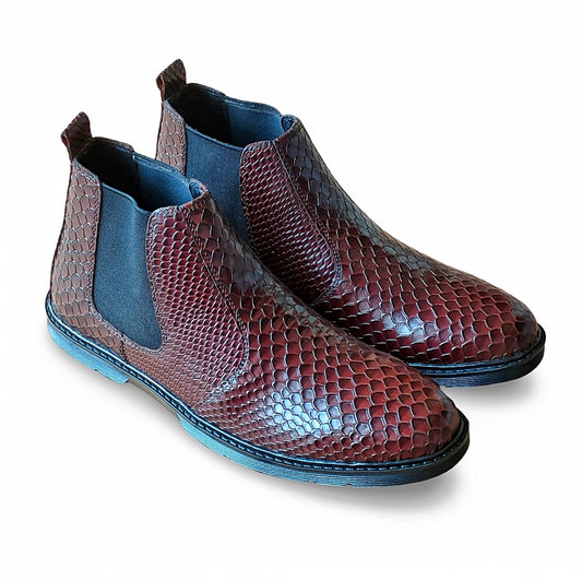 CS-20 Maroon Snake Print Leather Chelsea Boots