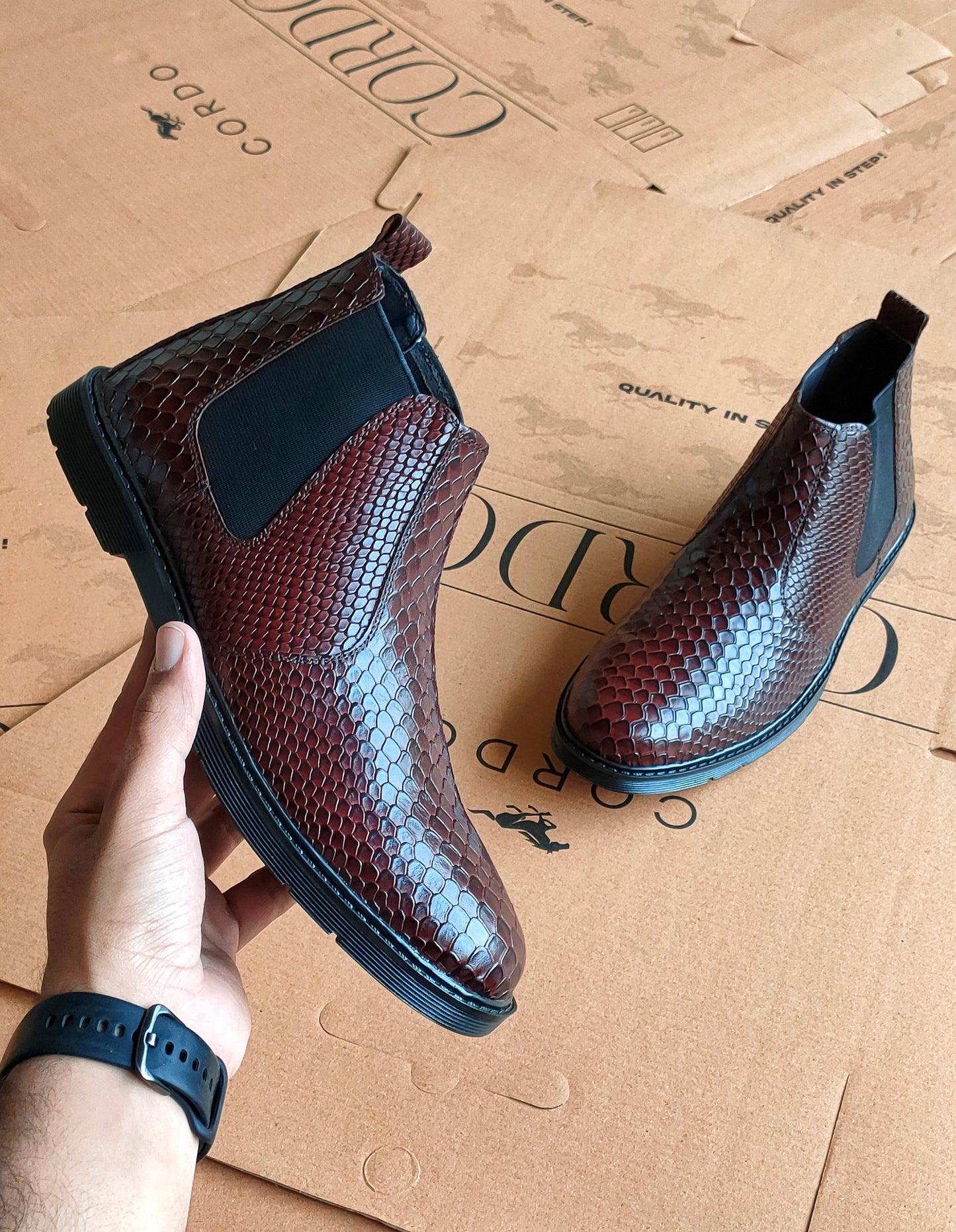 CS-20 Maroon Snake Print Leather Chelsea Boots