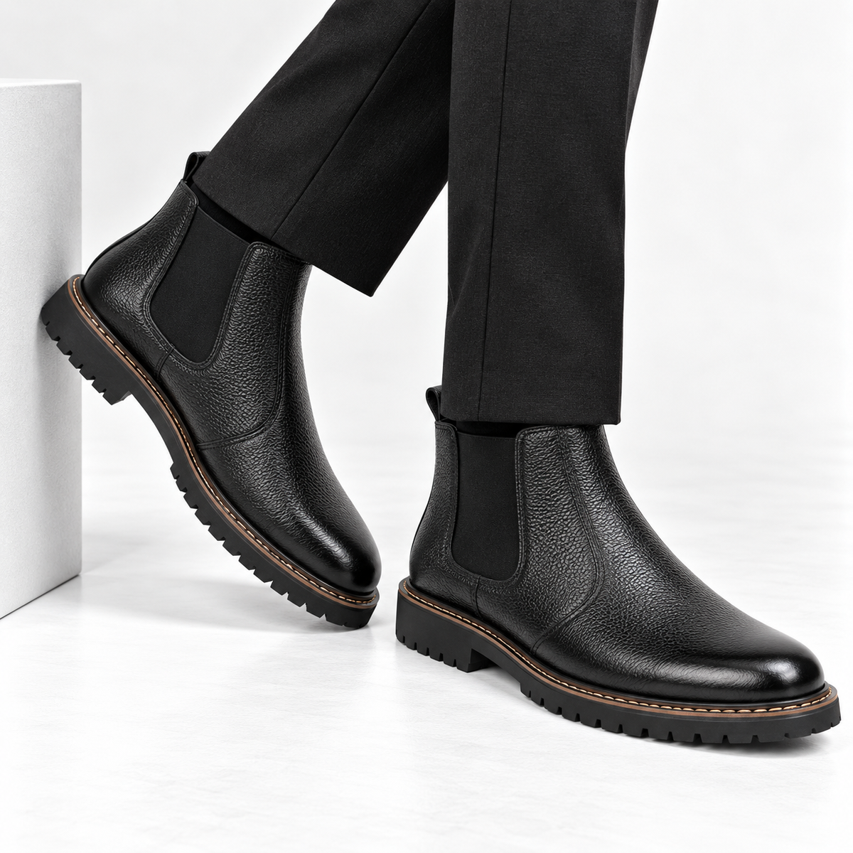 CS-14 Black Pebble Grain Leather Chelsea Boots