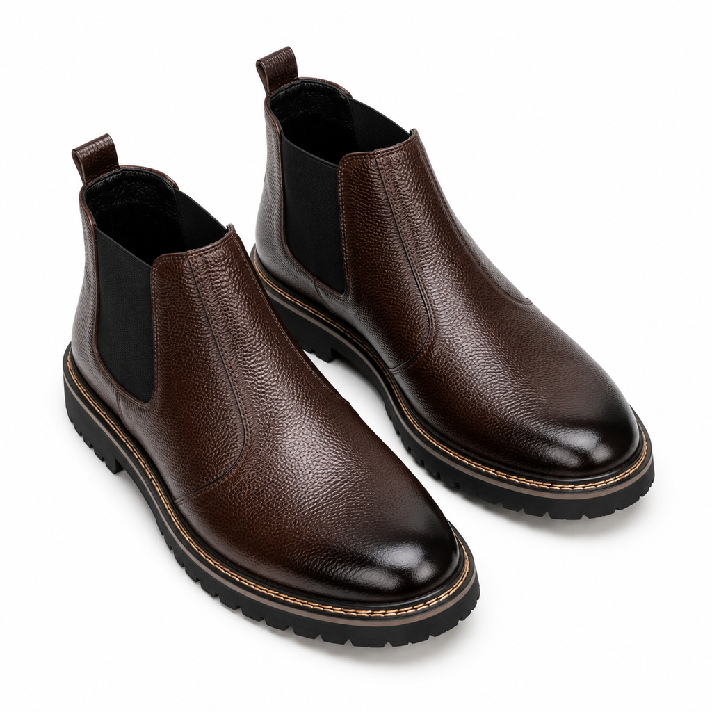 CS-14 Brown Pebble Grain Leather Chelsea Boots