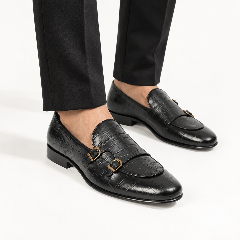 CS-02 Double Monk Strap Black Crocodile