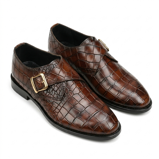 CS-23 Brown Crocodile Single Monk Shoes | Leather Sole
