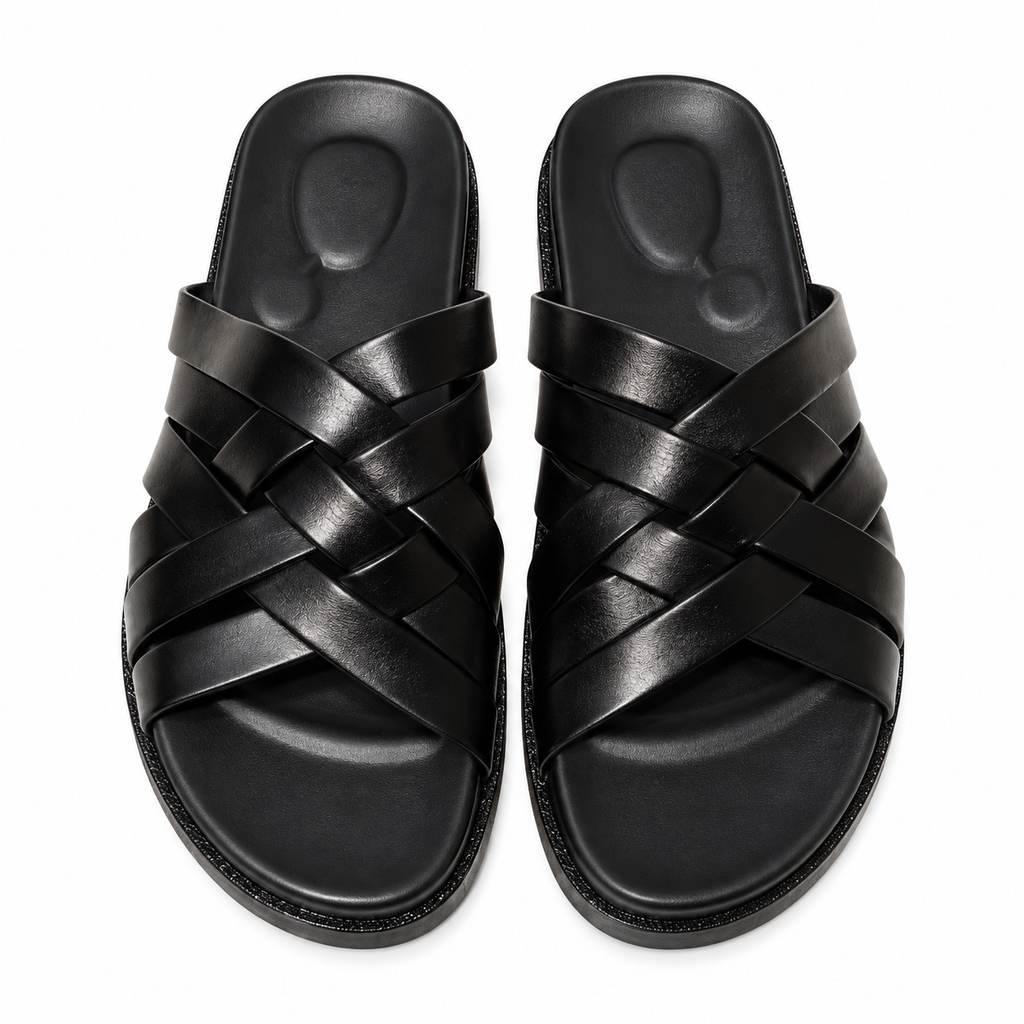 CS-32 Black Woven Cow Leather Slippers