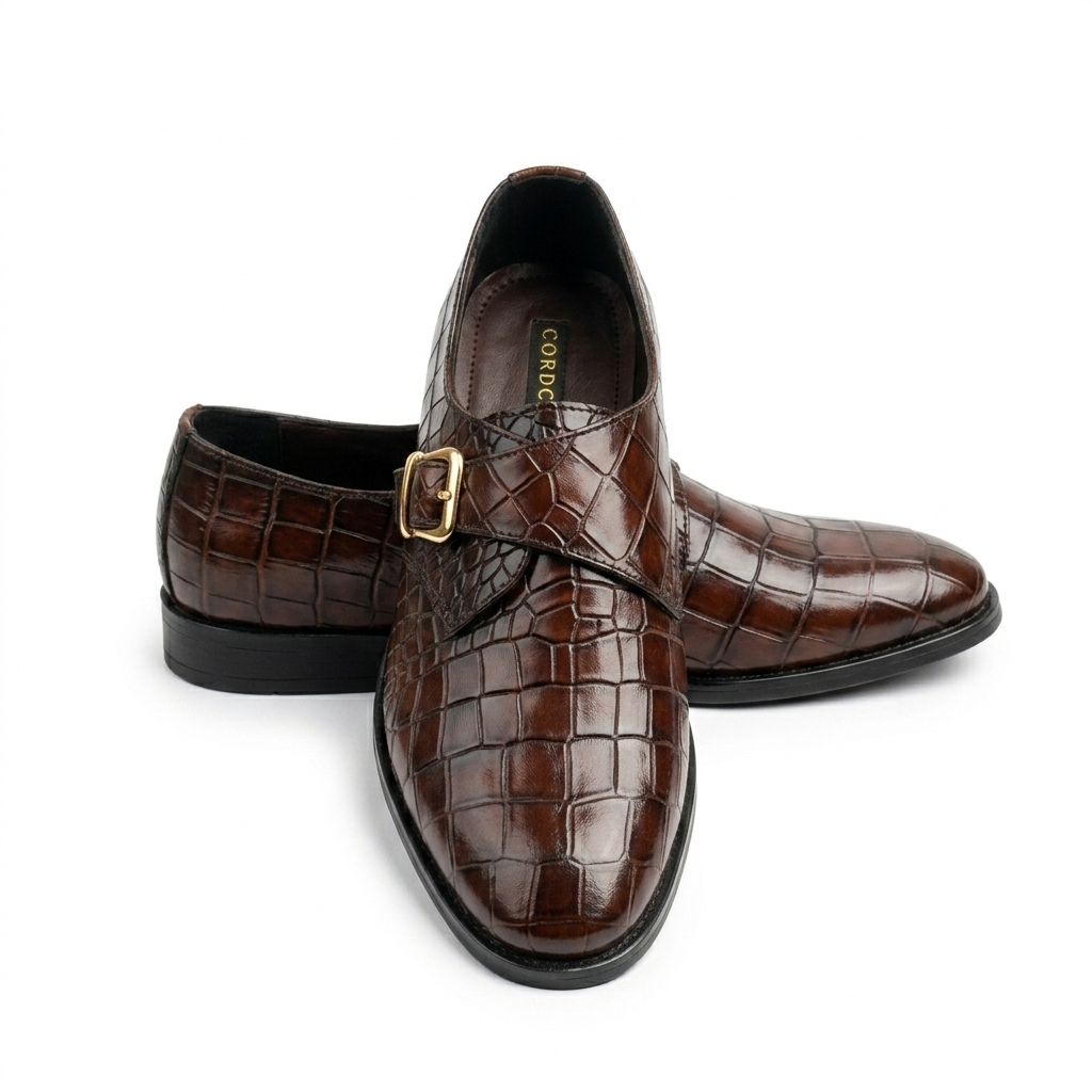 CS-23 Brown Crocodile Single Monk Shoes | Leather Sole