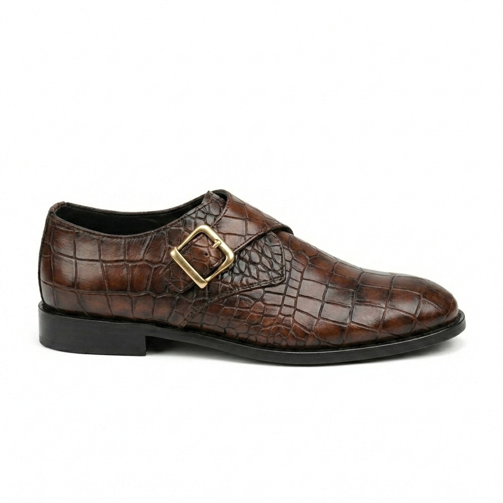 CS-23 Brown Crocodile Single Monk Shoes | Leather Sole