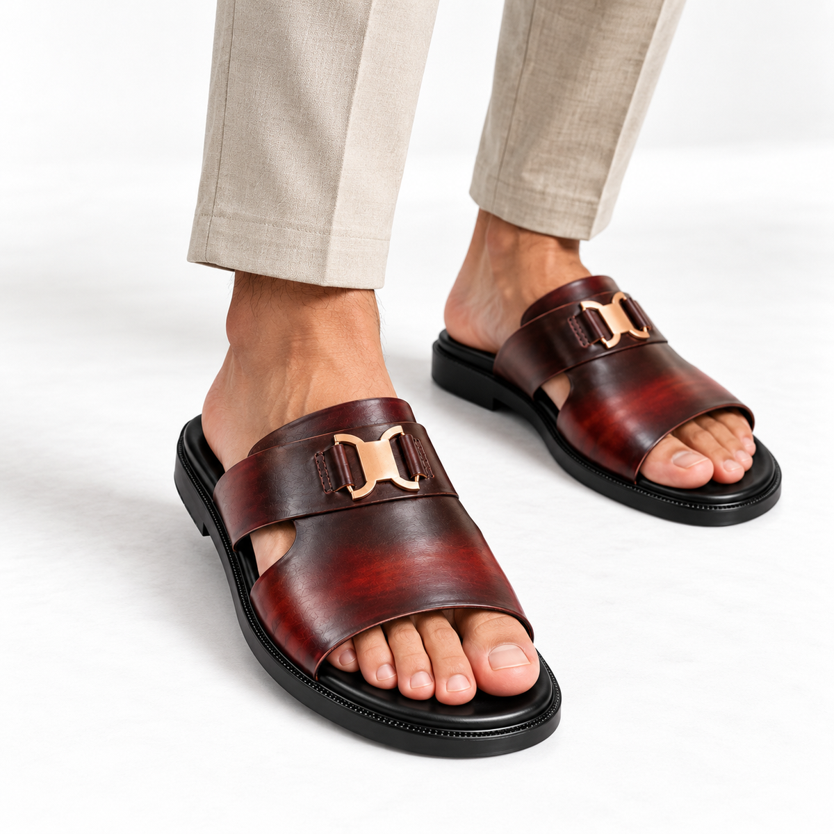 CS-35 Brown Prime Buckle Leather Slippers
