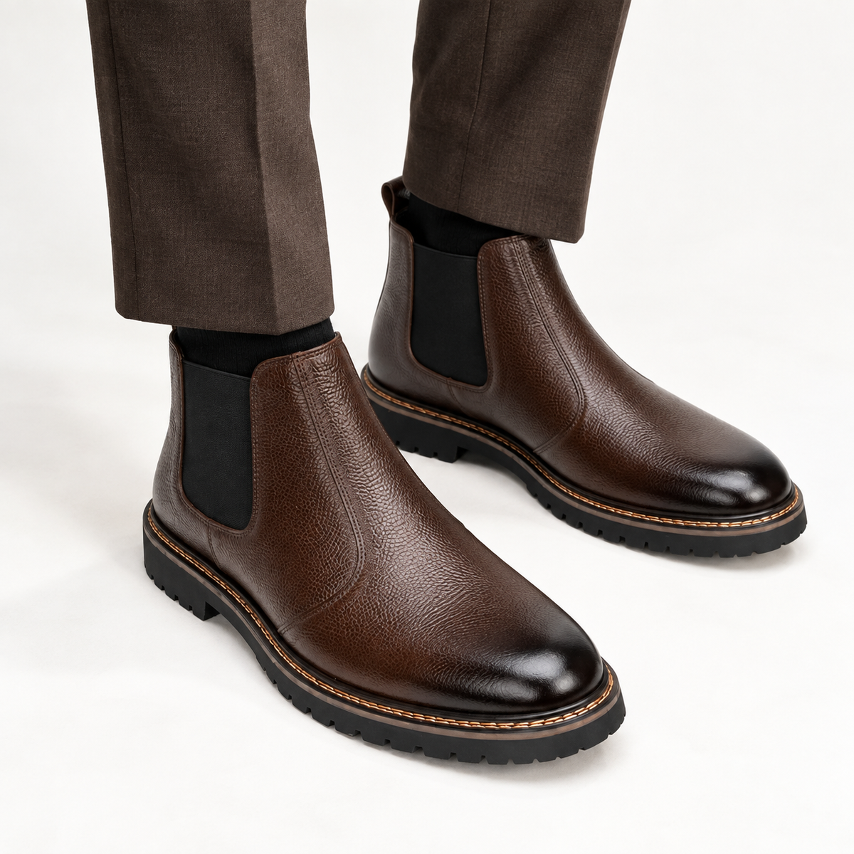 CS-14 Brown Pebble Grain Leather Chelsea Boots