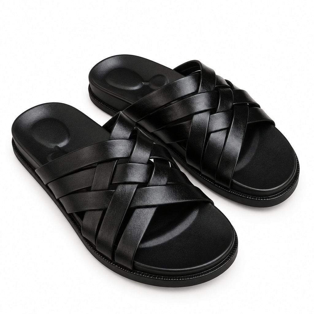 CS-32 Black Woven Cow Leather Slippers