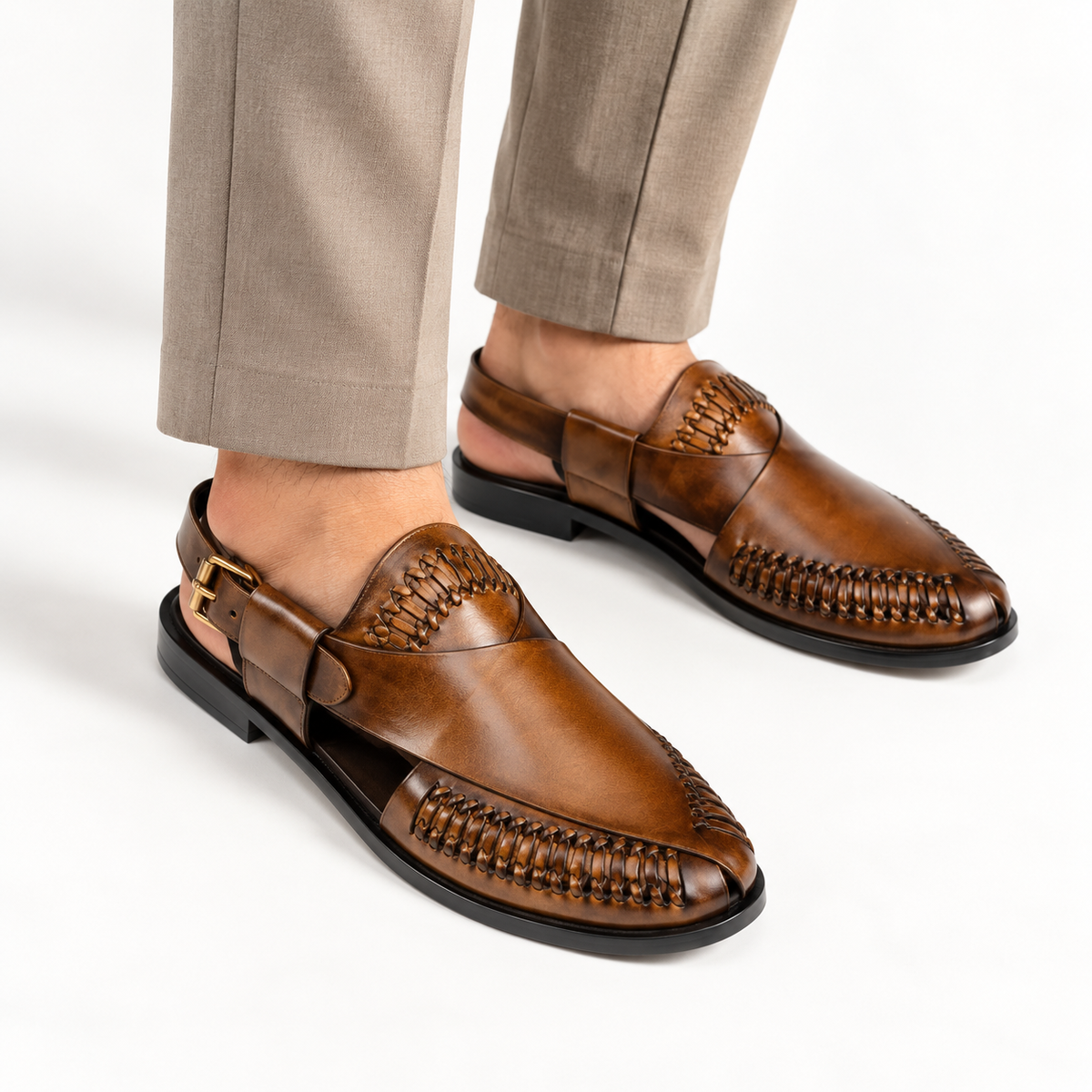 CS-22 Brown Hand-Braided Cow Leather Peshawari | LUXE