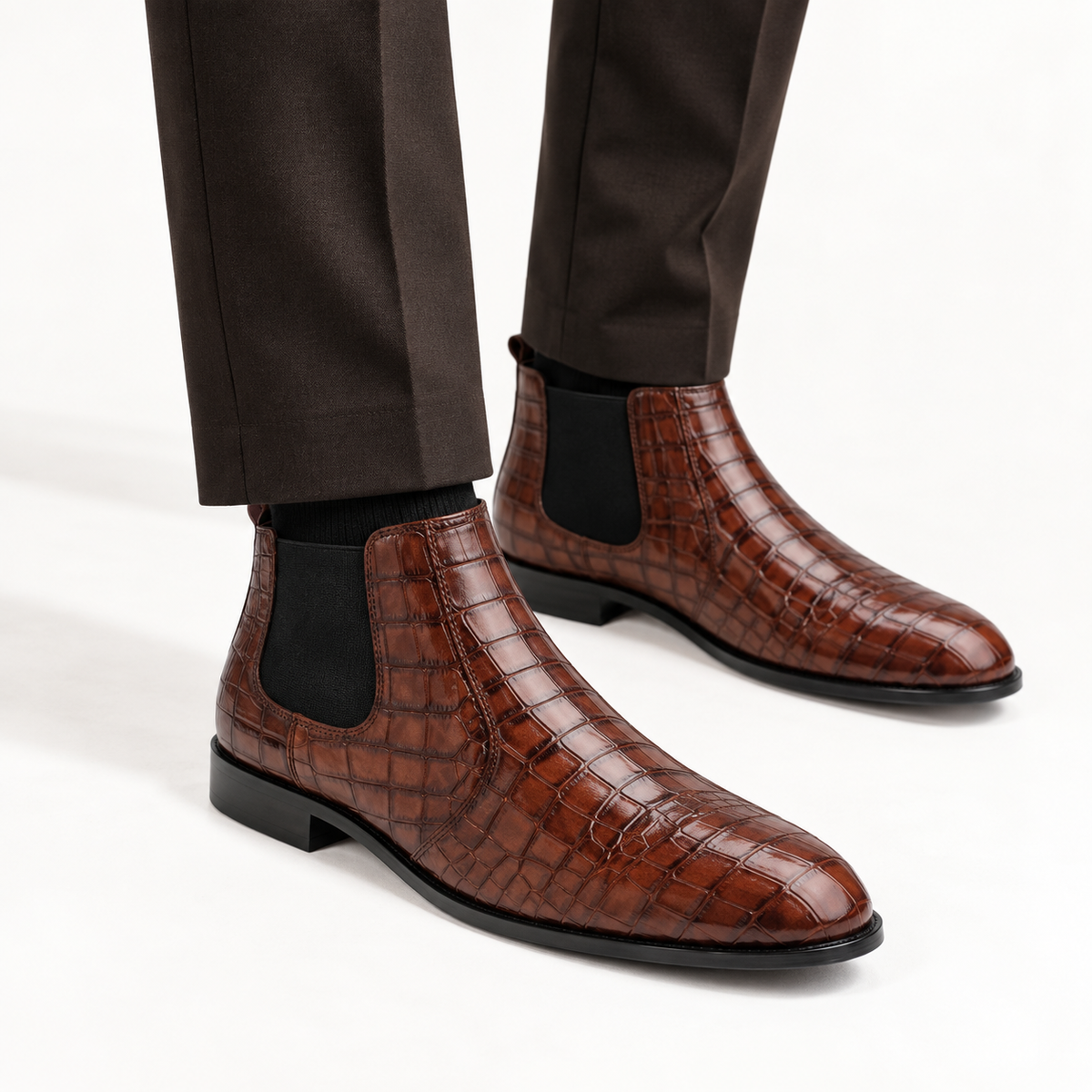 CS-03 Brown Crocodile Chelsea Boots | Leather Sole