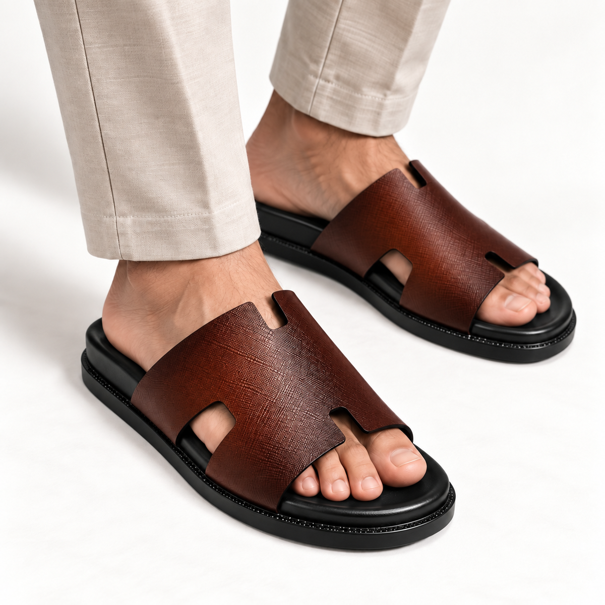 CS-33 Brown Saffiano Cow Leather Slippers