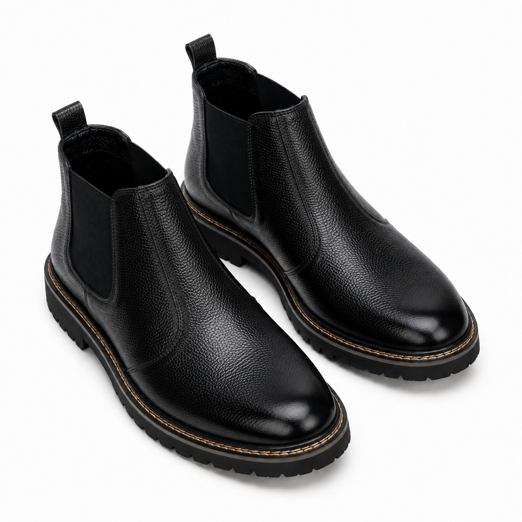CS-14 Black Pebble Grain Leather Chelsea Boots