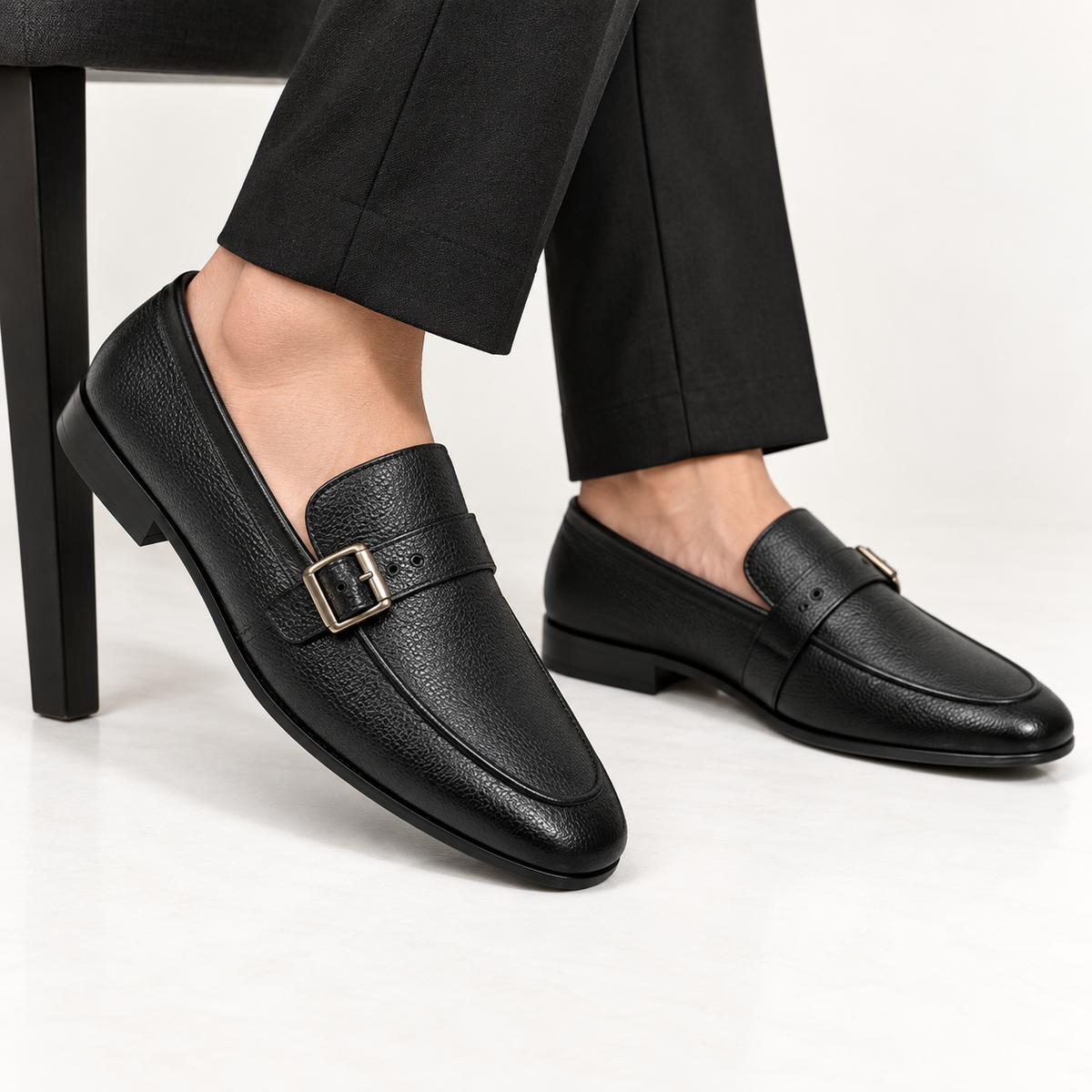 CS-28 Monk Tie Black Soft Grain Foldable Slip-Ons | Cloud Comfort