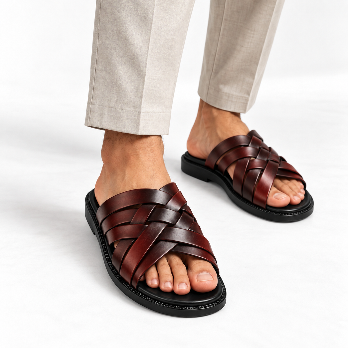 CS-32 Brown Shaded Woven Leather Slippers