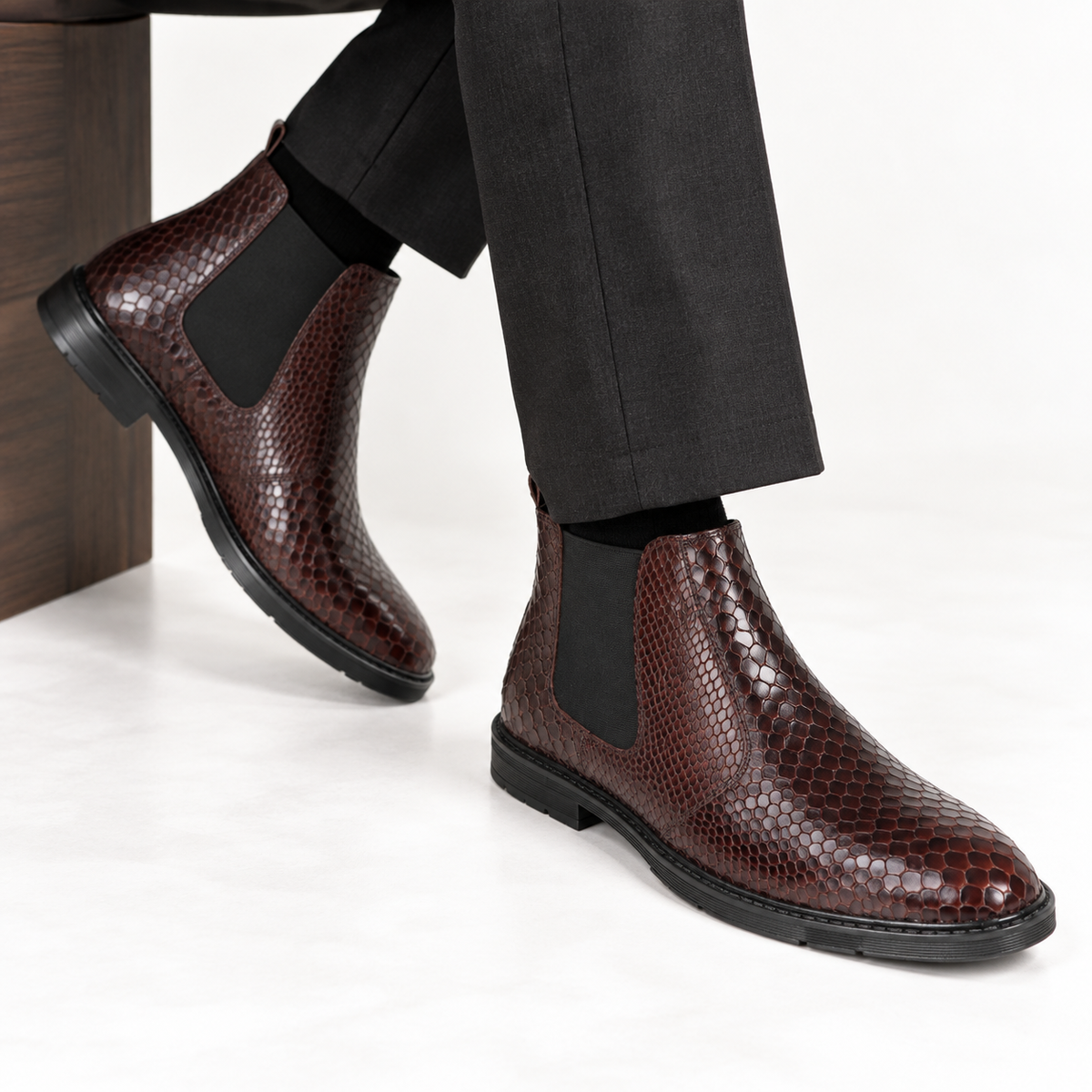 CS-20 Maroon Snake Print Cow Leather Chelsea Boots