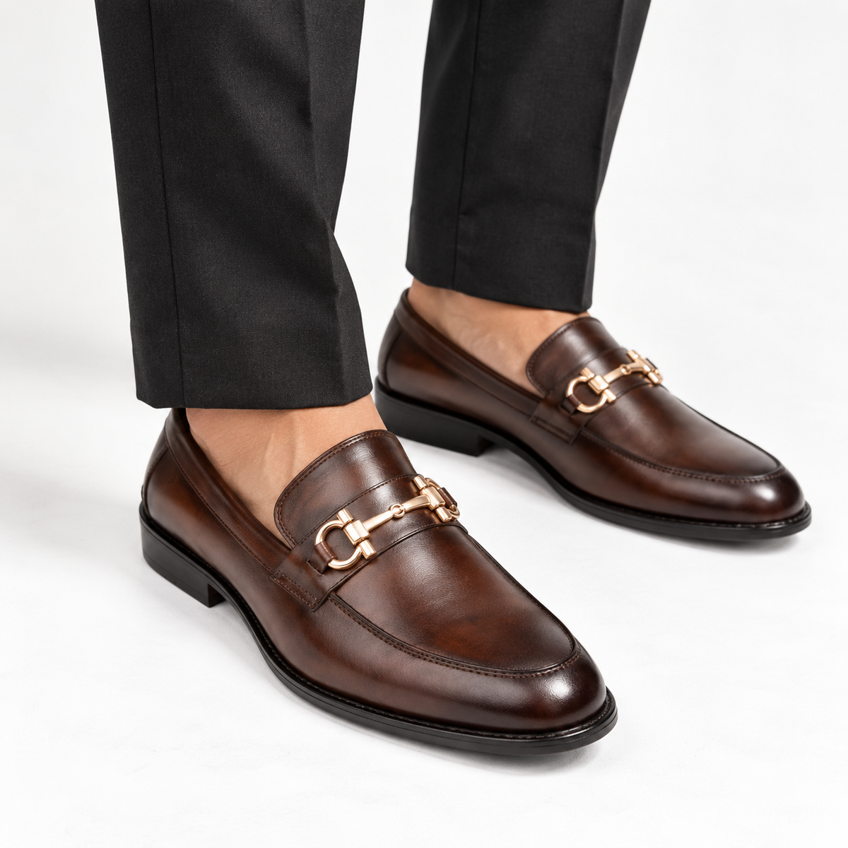 CS-07 Shaded Brown Horsebit Cow Leather Loafers