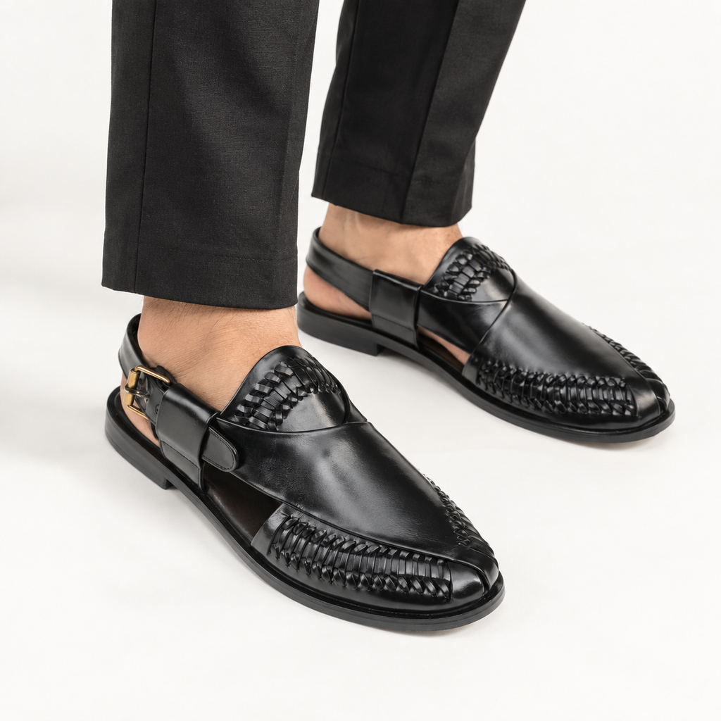 CS-22 Black Hand-Braided Cow Leather Peshawari | LUXE