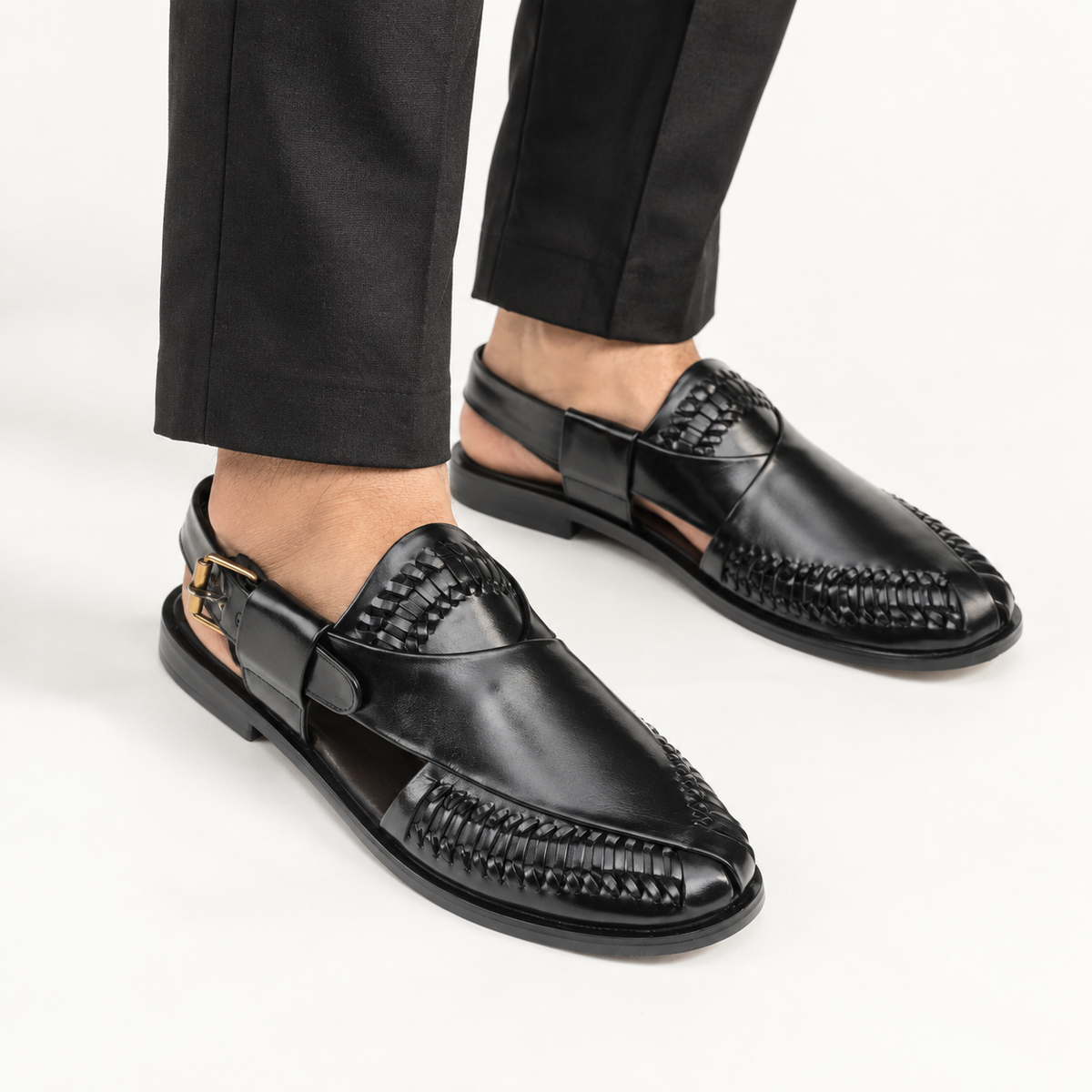 CS-22 Black Hand-Braided Cow Leather Peshawari | LUXE