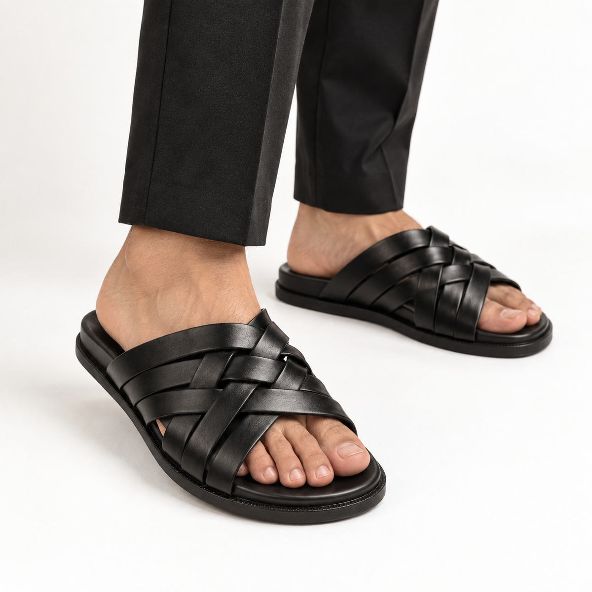 CS-32 Black Woven Cow Leather Slippers